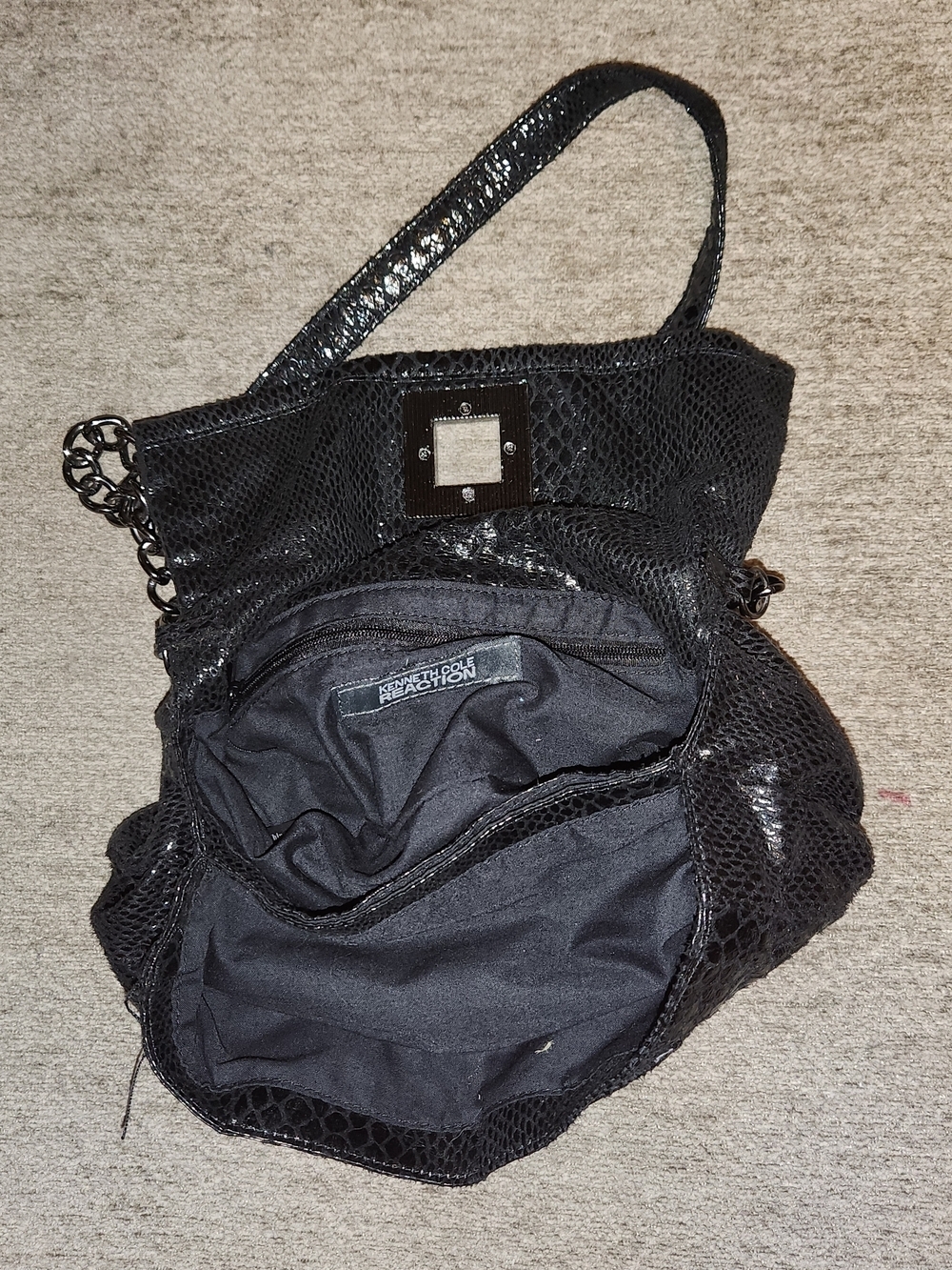 Kenneth Cole Reaction Black Snake-Embossed Shoulder Clutch with Chain Accent - Picture 4 of 4